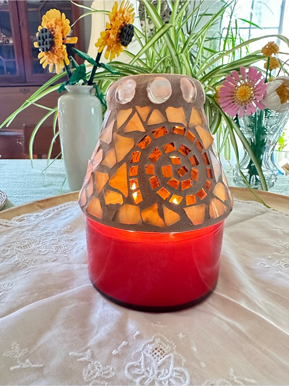 Mosaic Glass Candle Topper Shade Spiral Leaf Amber Brown Decor